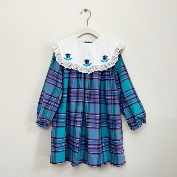 Vintage Kids Classics Girls Plaid Embroidered Collar Prairie Cottagecore Dress 6 - Picture 12 of 12